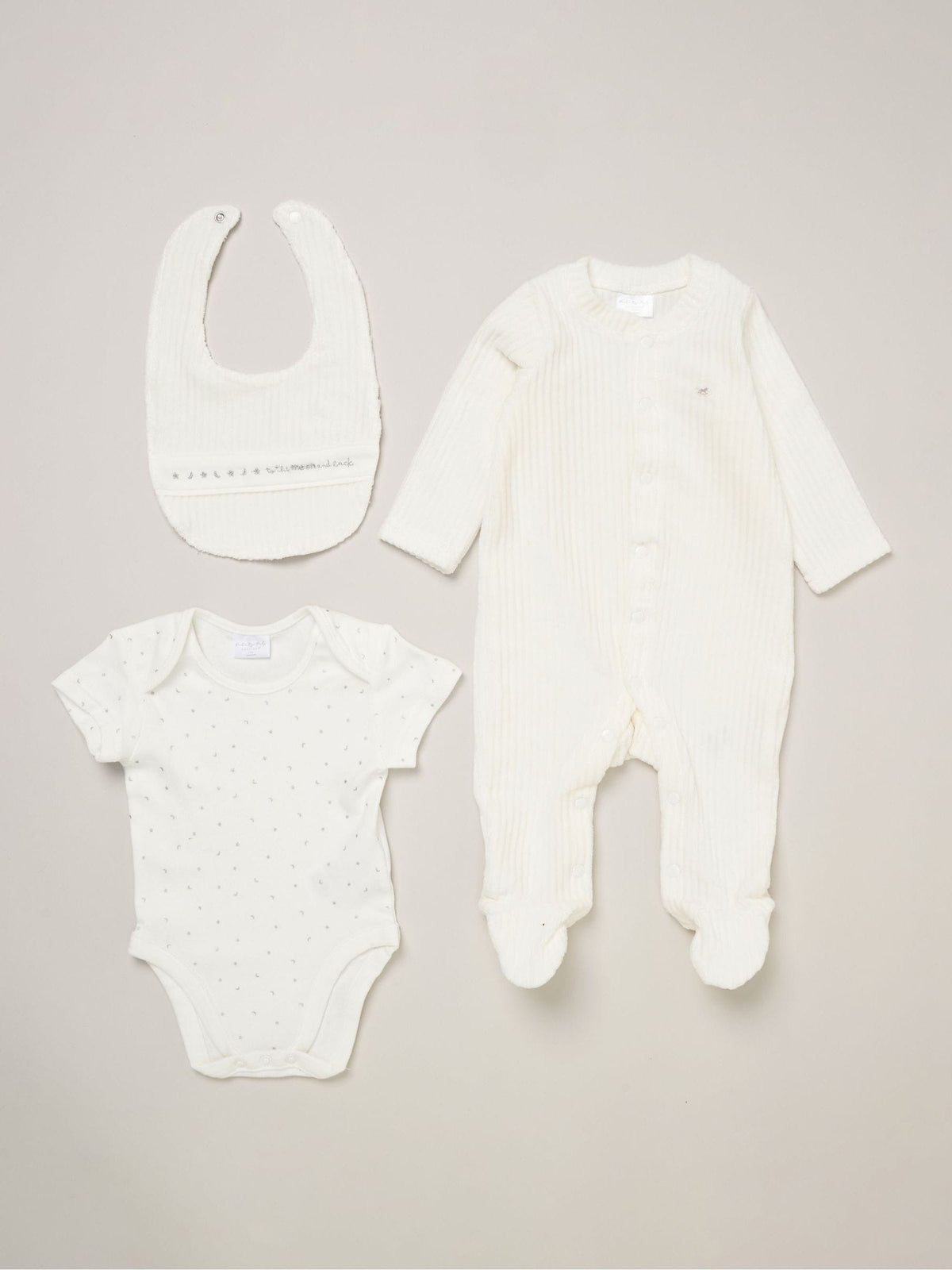 Rock-A-Bye Baby Boutique White Sleepsuit Bodysuit and Bib Gift Set 3 Piece - image 1