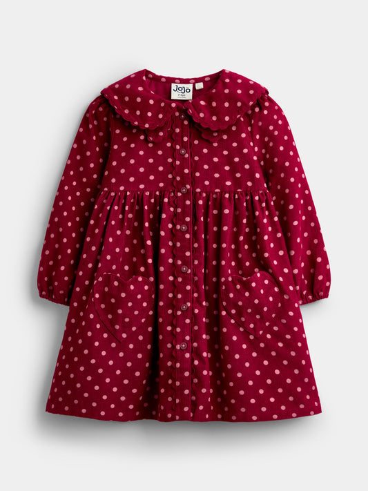JoJo Maman Bébé Burgundy Red Polka Dot Scarf Collar Cord Dress - image 1
