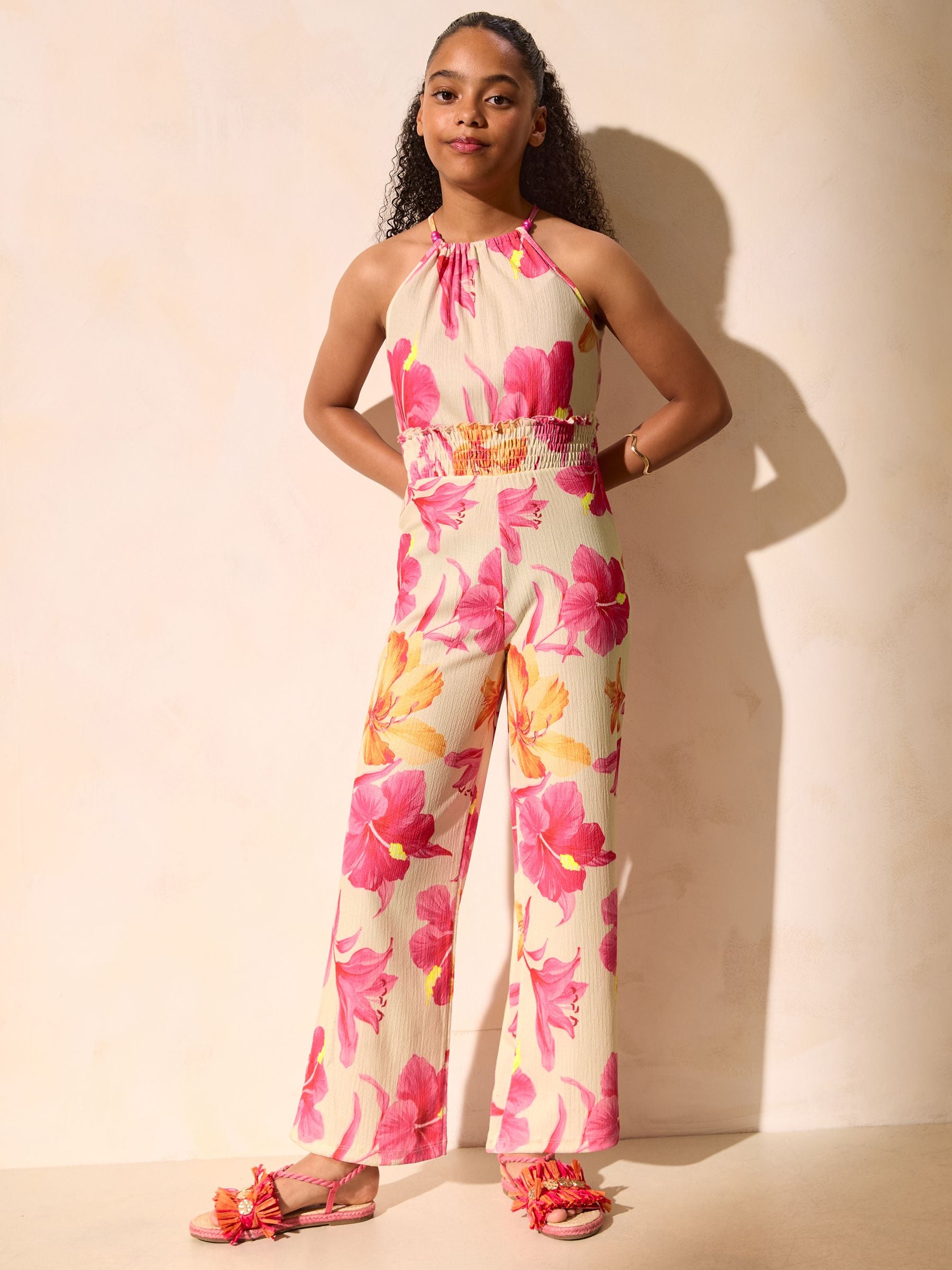 Dsiney Kidz - Lipsy Pink Orange Tropical Print Jersey Jumpsuit (7-16yrs) image 1