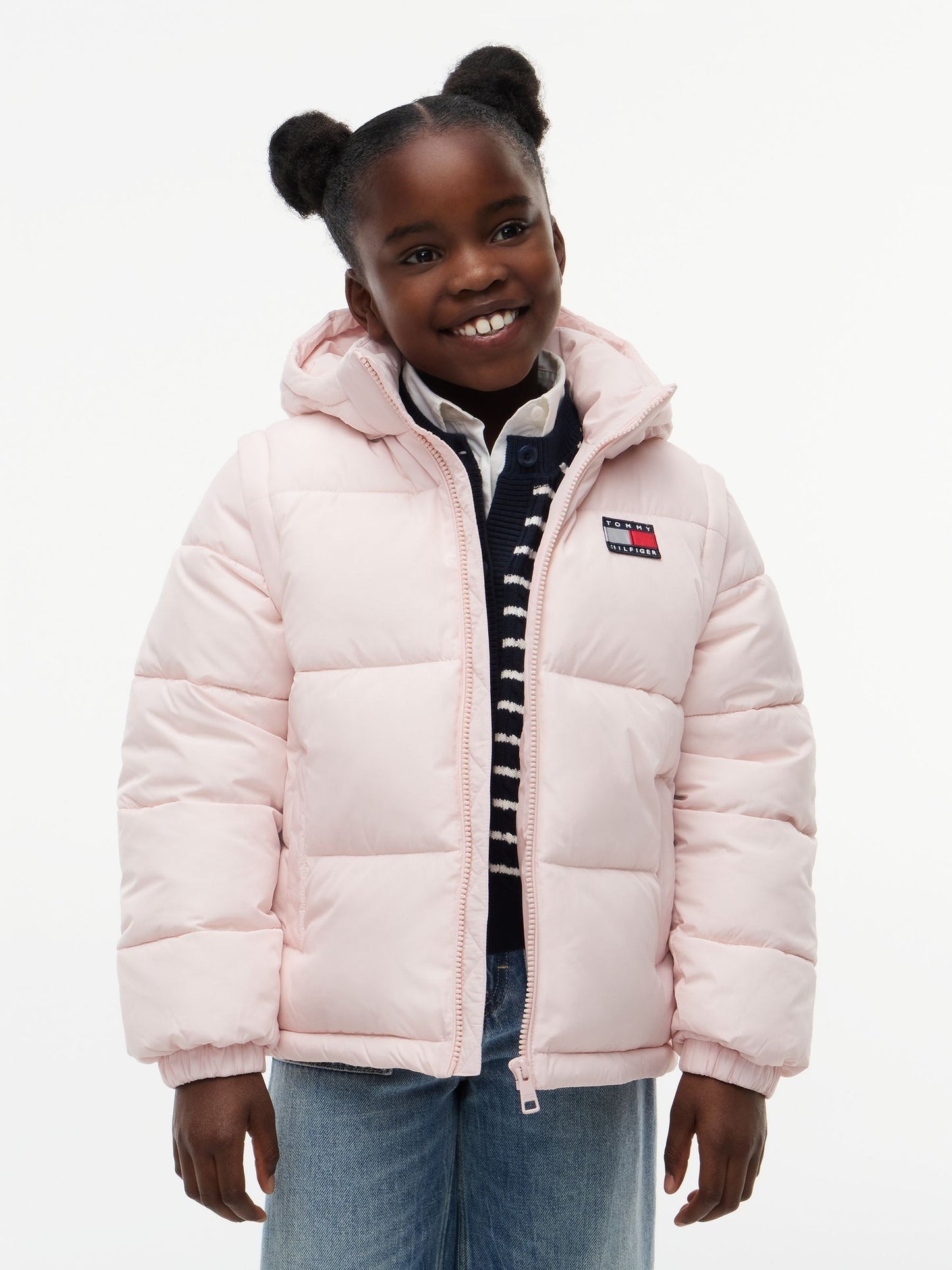 Dsiney Kidz - Tommy Hilfiger Pink Heritage Back Logo Ripstop Puffer Jacket with Removable Sleeves image 1