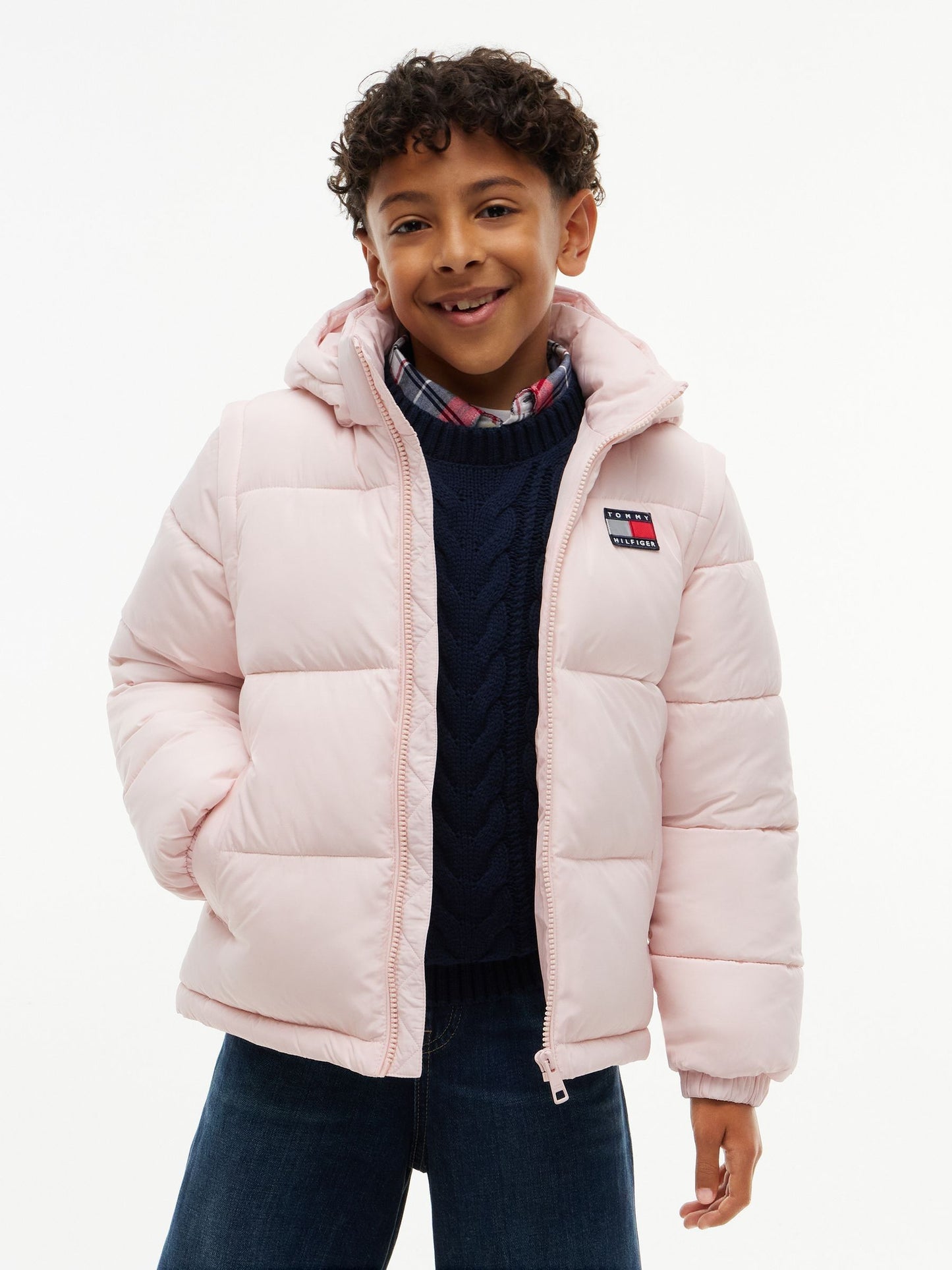 Dsiney Kidz - Tommy Hilfiger Pink Heritage Back Logo Ripstop Puffer Jacket with Removable Sleeves image 2
