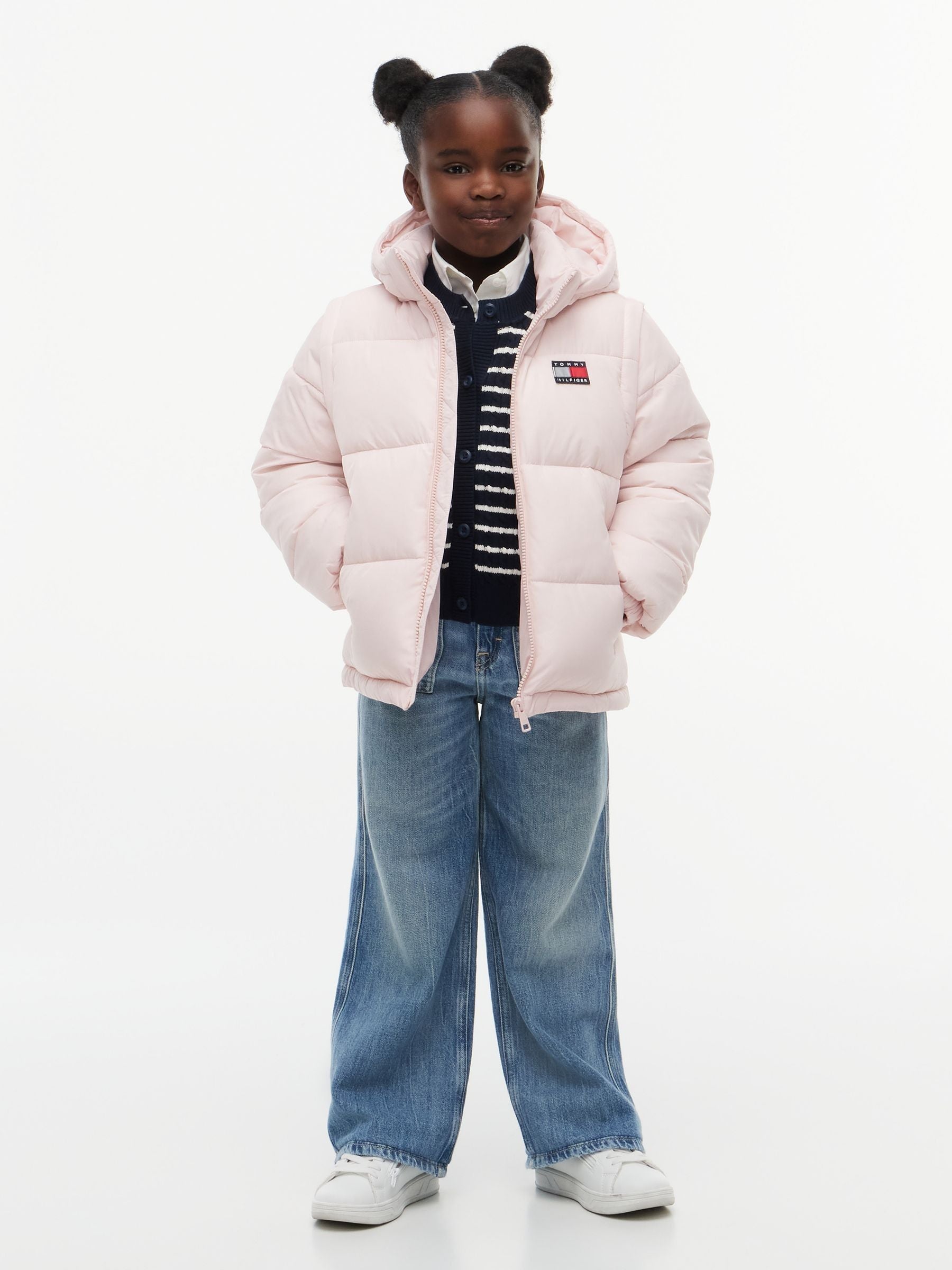 Dsiney Kidz - Tommy Hilfiger Pink Heritage Back Logo Ripstop Puffer Jacket with Removable Sleeves image 3
