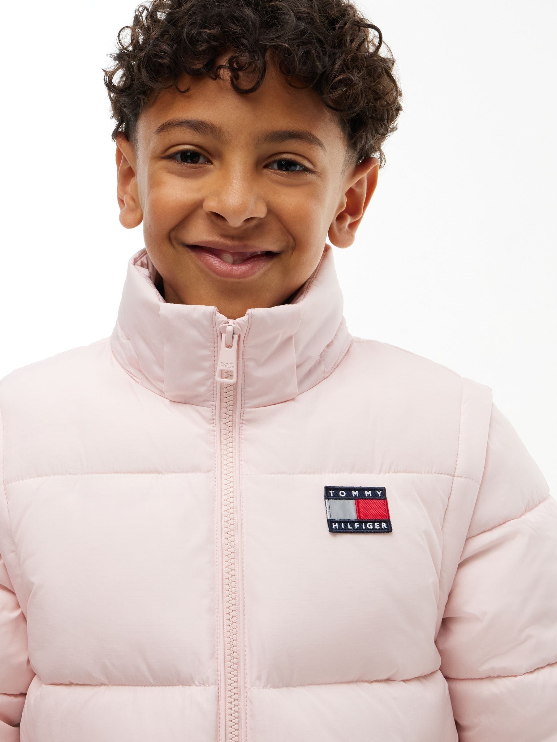 Dsiney Kidz - Tommy Hilfiger Pink Heritage Back Logo Ripstop Puffer Jacket with Removable Sleeves image 5