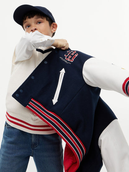 Dsiney Kidz - Tommy Hilfiger Blue Bouclé Logo Embroidery Relaxed Bomber Jacket image 3