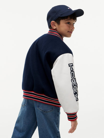Dsiney Kidz - Tommy Hilfiger Blue Bouclé Logo Embroidery Relaxed Bomber Jacket image 4