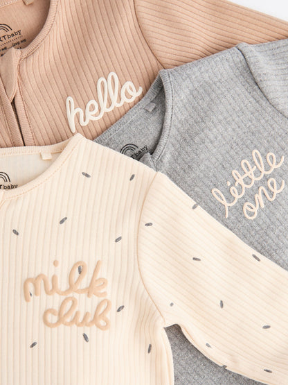 Neutral Milk Club Baby Two Way Zip 100% Cotton Sleepsuits 3 Pack (0mths-2yrs) image 3
