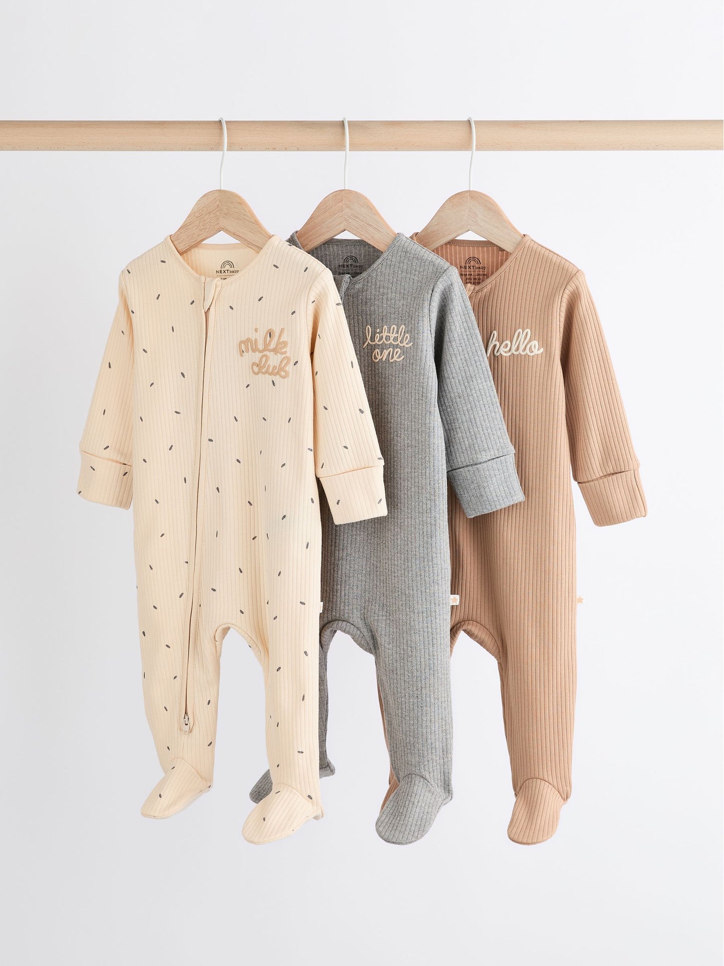 Neutral Milk Club Baby Two Way Zip 100% Cotton Sleepsuits 3 Pack (0mths-2yrs) image 1