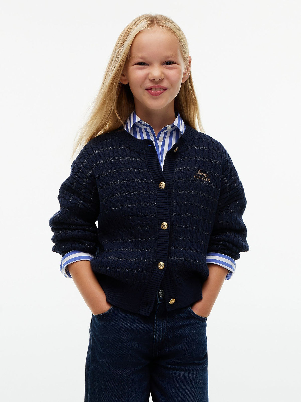 Tommy Hilfiger Blue Cable Knit Gold-Tone Button Relaxed Cardigan - image 1