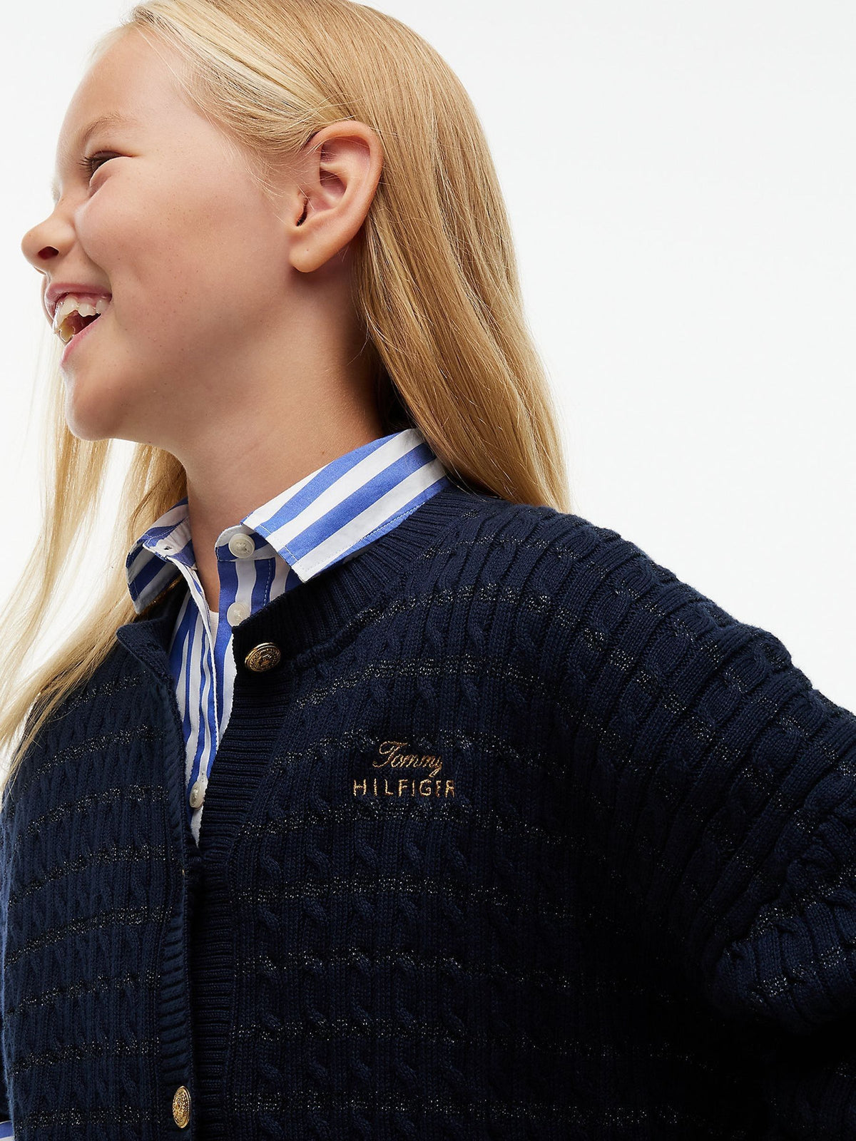 Tommy Hilfiger Blue Cable Knit Gold-Tone Button Relaxed Cardigan - image 3