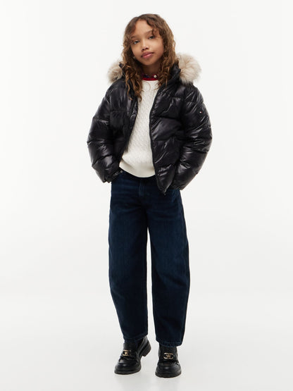 Dsiney Kidz - Tommy Hilfiger Black Essential Faux Fur Trim Down Jacket image 5