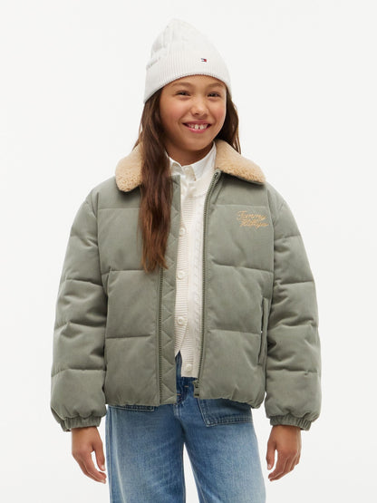 Dsiney Kidz - Tommy Hilfiger Green Teddy Collar Corduroy Relaxed Puffer Jacket image 1