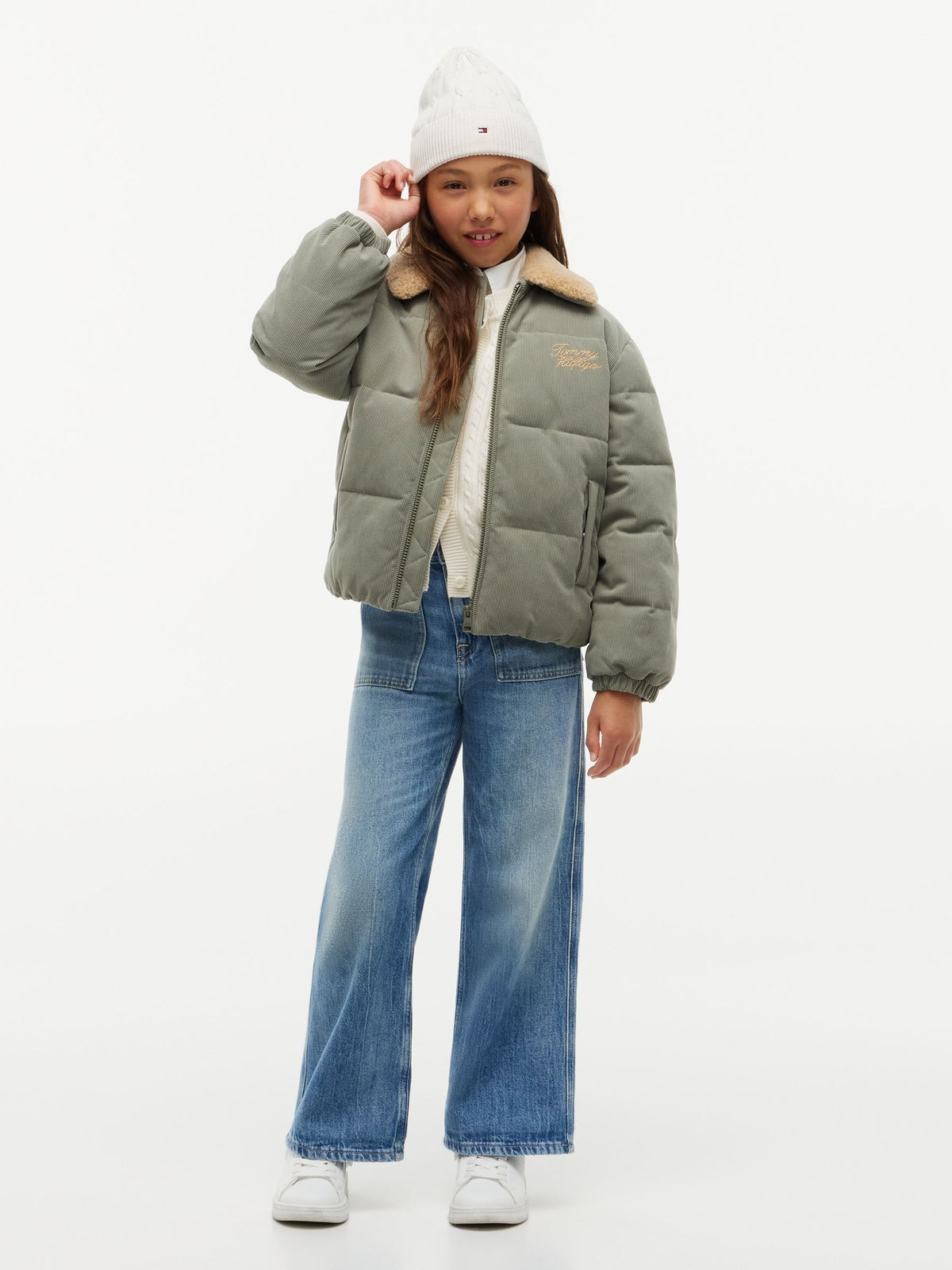 Dsiney Kidz - Tommy Hilfiger Green Teddy Collar Corduroy Relaxed Puffer Jacket image 3