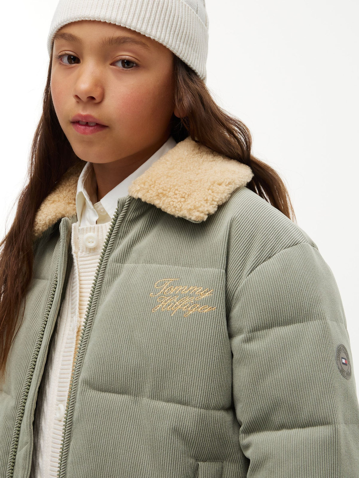 Dsiney Kidz - Tommy Hilfiger Green Teddy Collar Corduroy Relaxed Puffer Jacket image 4