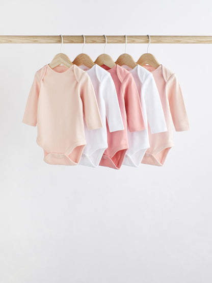 Pink/White 5 Pack Essential Long Sleeve Baby Bodysuits image 1