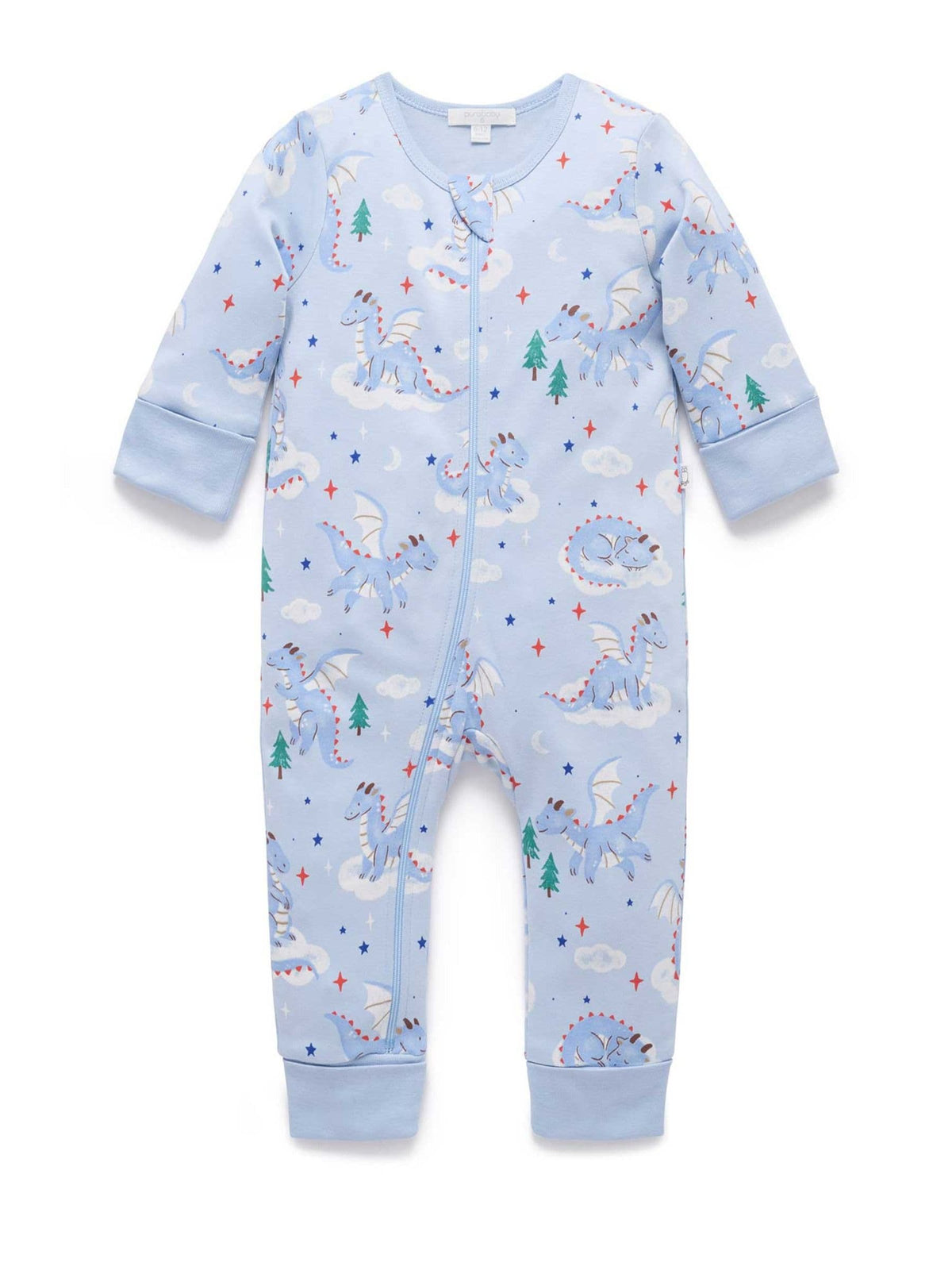 Purebaby Blue Thick Pyjamas Printed Zip Sleepsuit with Roll Cuffs - image 1