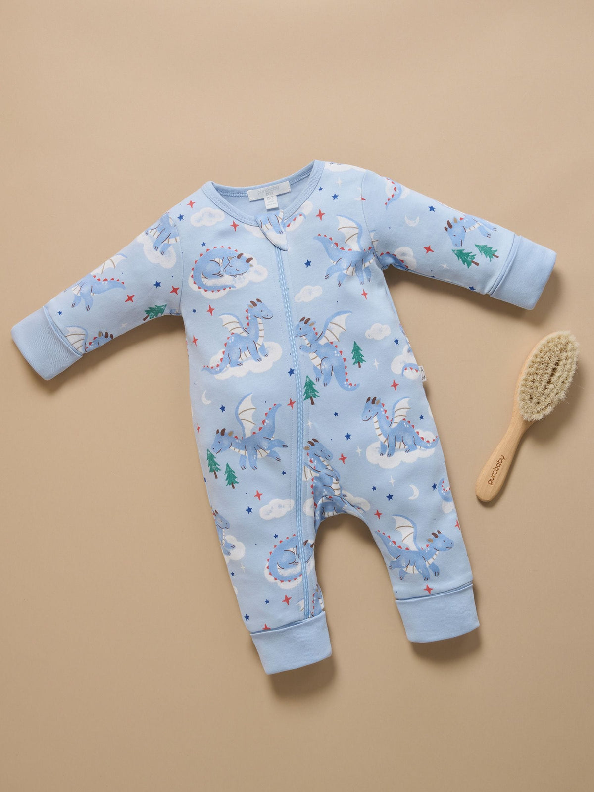 Purebaby Blue Thick Pyjamas Printed Zip Sleepsuit with Roll Cuffs - image 2
