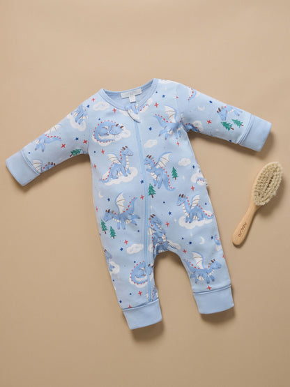 Purebaby Blue Thick Pyjamas Printed Zip Sleepsuit with Roll Cuffs - image 2