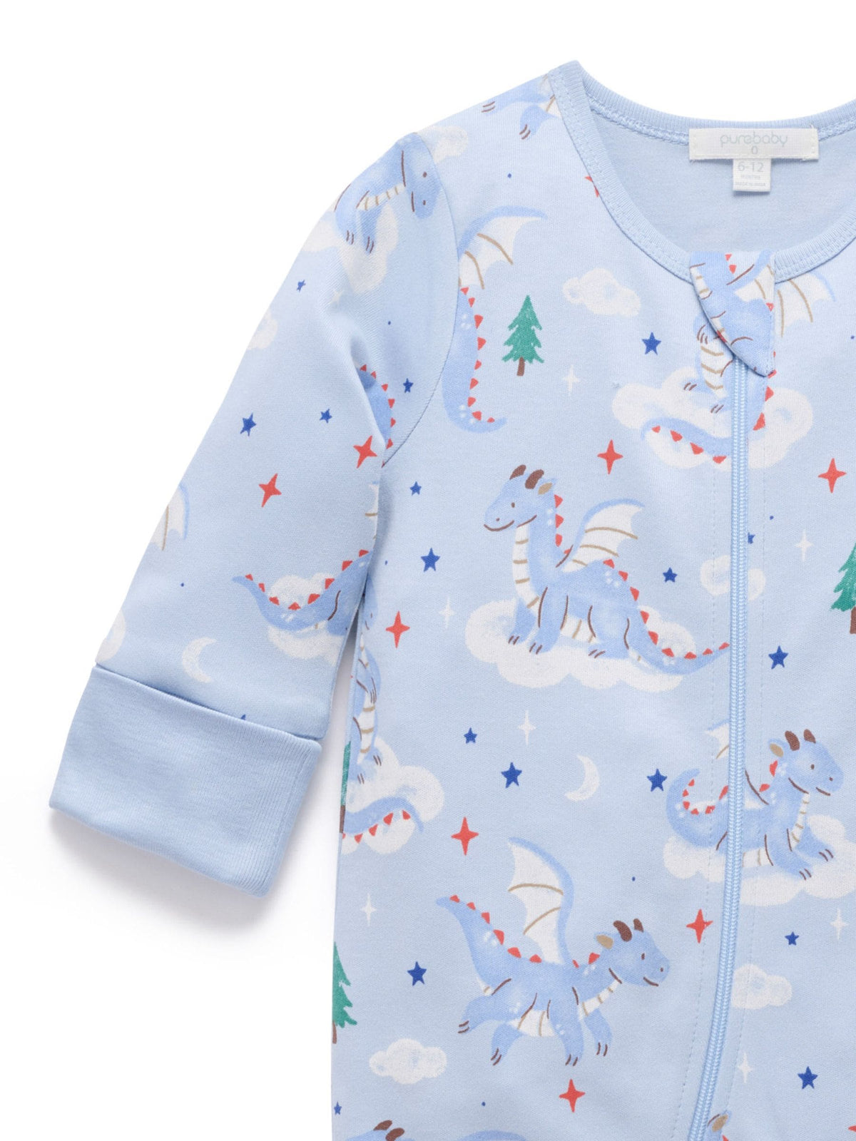 Purebaby Blue Thick Pyjamas Printed Zip Sleepsuit with Roll Cuffs - image 3