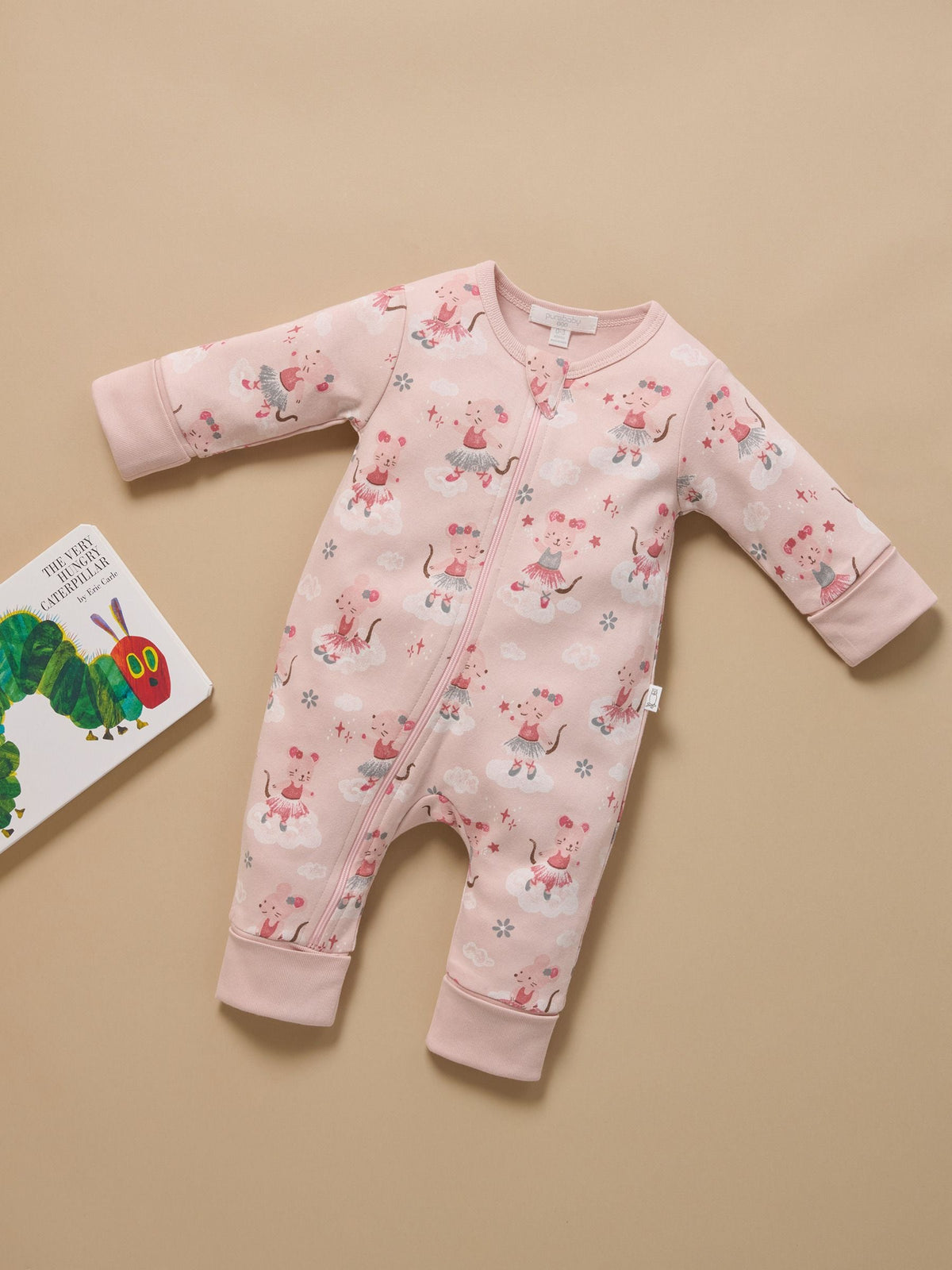 Purebaby Pink Thick Pyjamas Printed Zip Sleepsuit with Roll Cuffs - image 1
