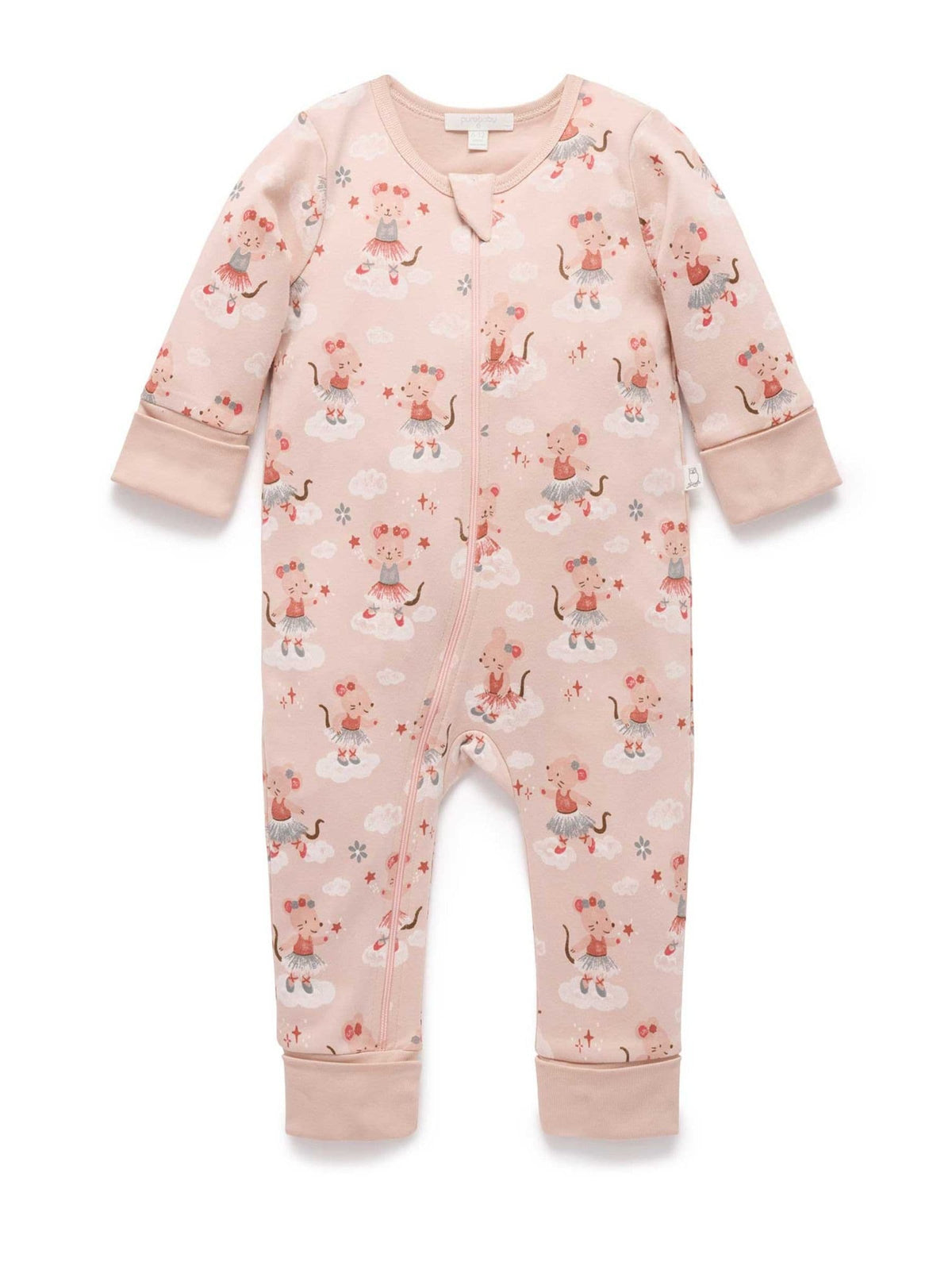 Purebaby Pink Thick Pyjamas Printed Zip Sleepsuit with Roll Cuffs - image 2