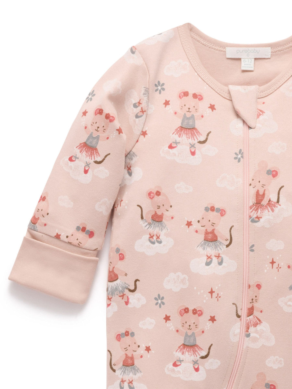 Purebaby Pink Thick Pyjamas Printed Zip Sleepsuit with Roll Cuffs - image 3