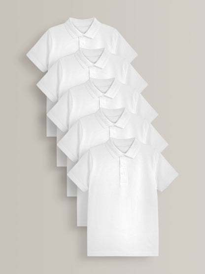 Dsiney Kidz - White School Short Sleeve Cotton Polo Shirts 5 Pack (3-16yrs) image 1