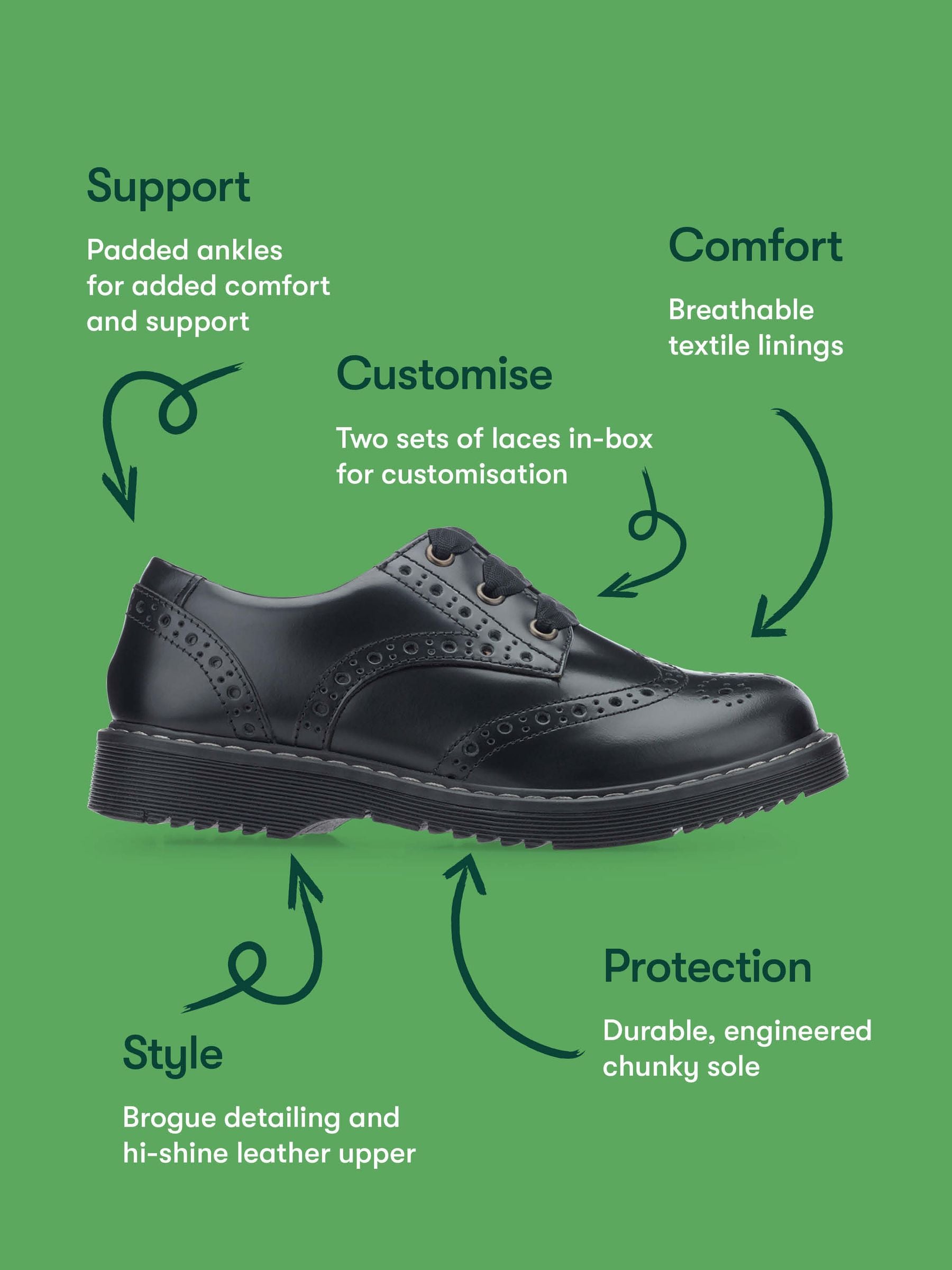 Start Rite Black Wide Fit Leather Impulsive Chunky Brogue Lace Up Stitch Down School Shoes image 10