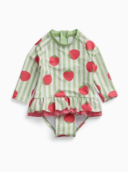 Dsiney Kidz - MORI Green Strawberry Stripe Frill Long Sleeve Swimsuit image 1