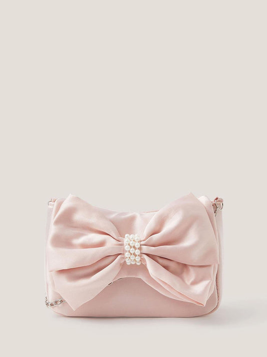Monsoon Pink Pearl Bow Satin Bag image 1
