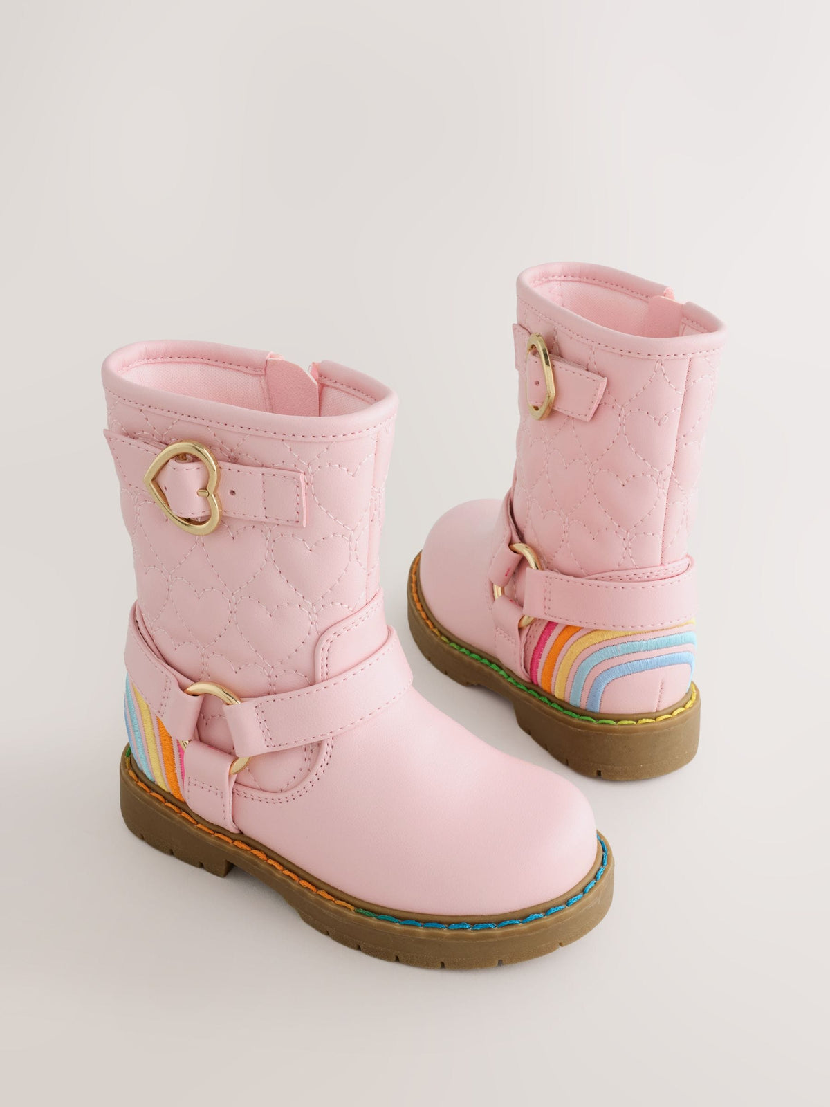 Little Bird Pink Heart Quilted Pastel Rainbow Biker Boots - image 2