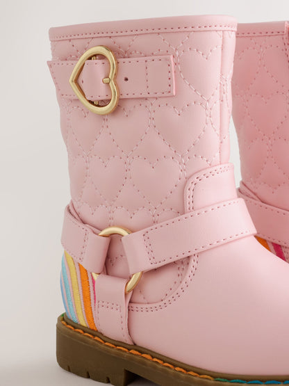 Little Bird Pink Heart Quilted Pastel Rainbow Biker Boots - image 3