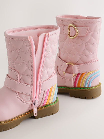 Little Bird Pink Heart Quilted Pastel Rainbow Biker Boots - image 4