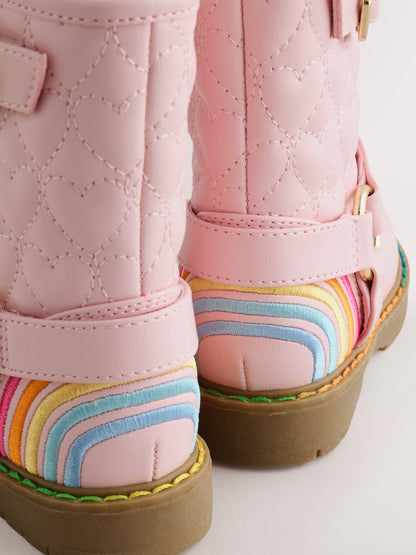 Little Bird Pink Heart Quilted Pastel Rainbow Biker Boots - image 5