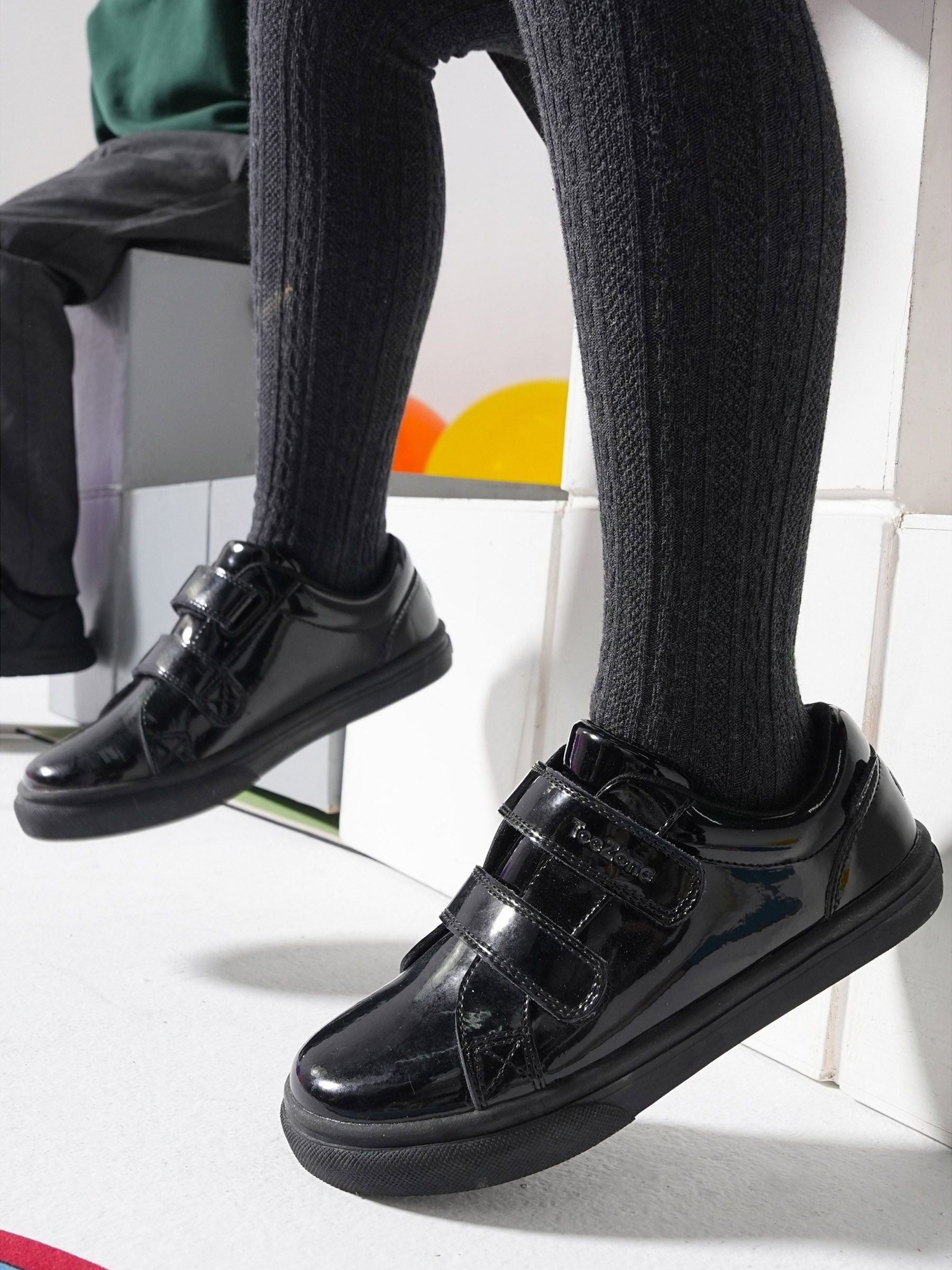 Toezone Black Harper Patent Leather Double Rip Tape School Shoes image 4