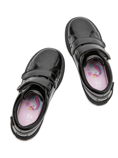 Toezone Black Harper Patent Leather Double Rip Tape School Shoes image 8