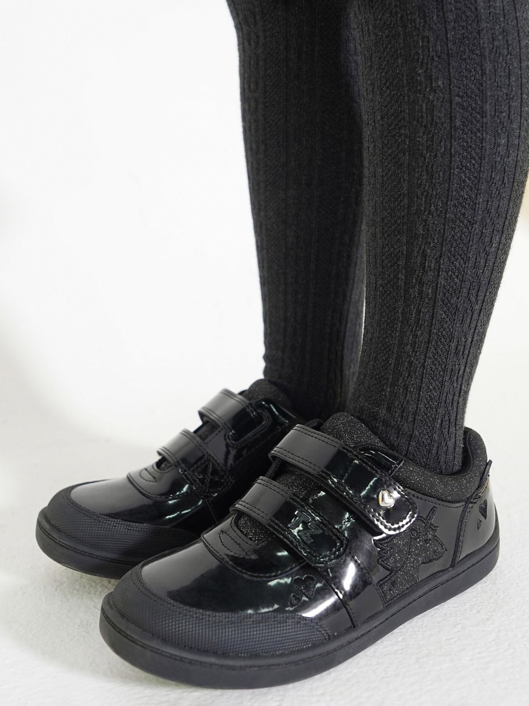 Toezone Black Kira  Rubber Patent Double Rip-Tape Unicorn School Shoes image 1