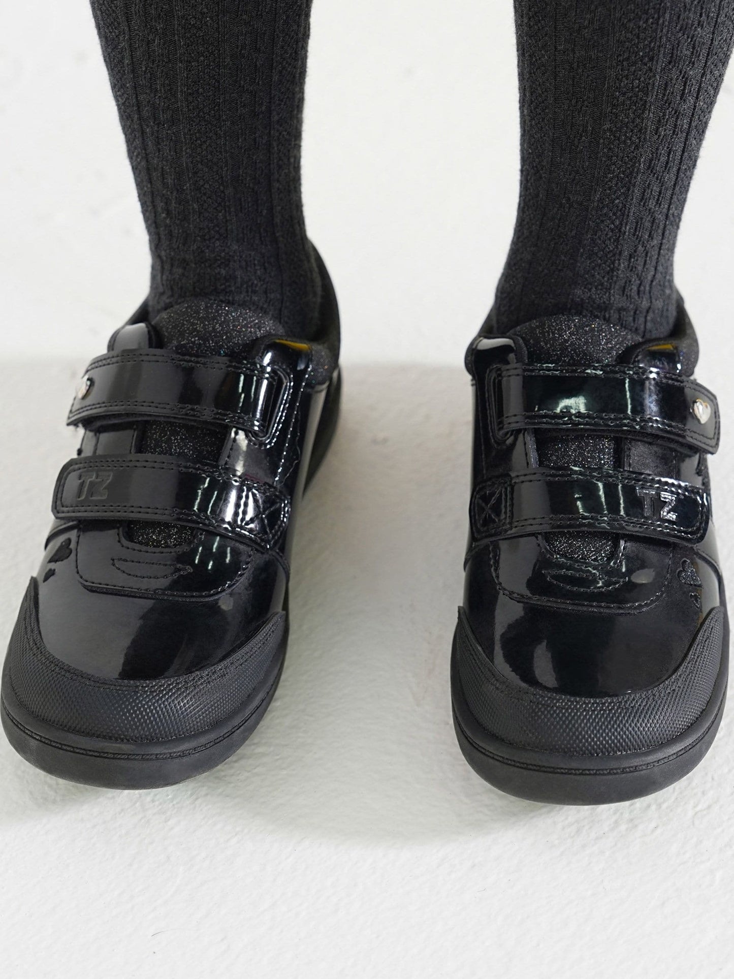 Toezone Black Kira  Rubber Patent Double Rip-Tape Unicorn School Shoes image 2