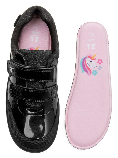 Toezone Black Kira  Rubber Patent Double Rip-Tape Unicorn School Shoes image 8