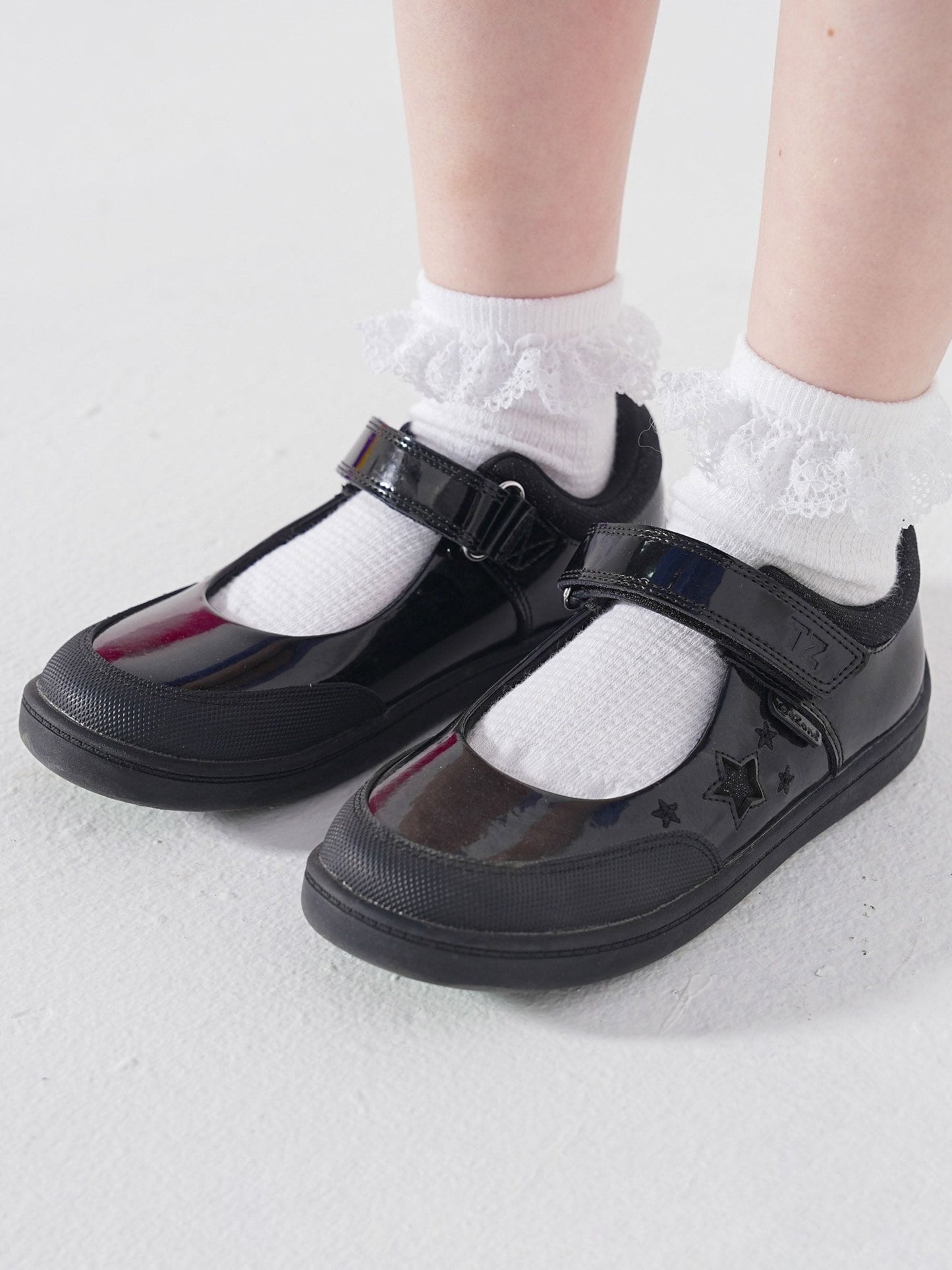 Toezone Black Zola Rubber Patent Leather Star Rip Tape School Shoes image 1