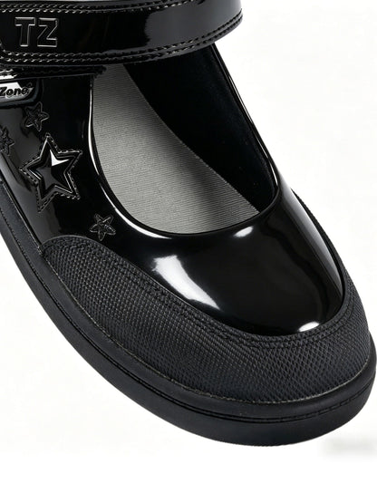 Toezone Black Zola Rubber Patent Leather Star Rip Tape School Shoes image 8