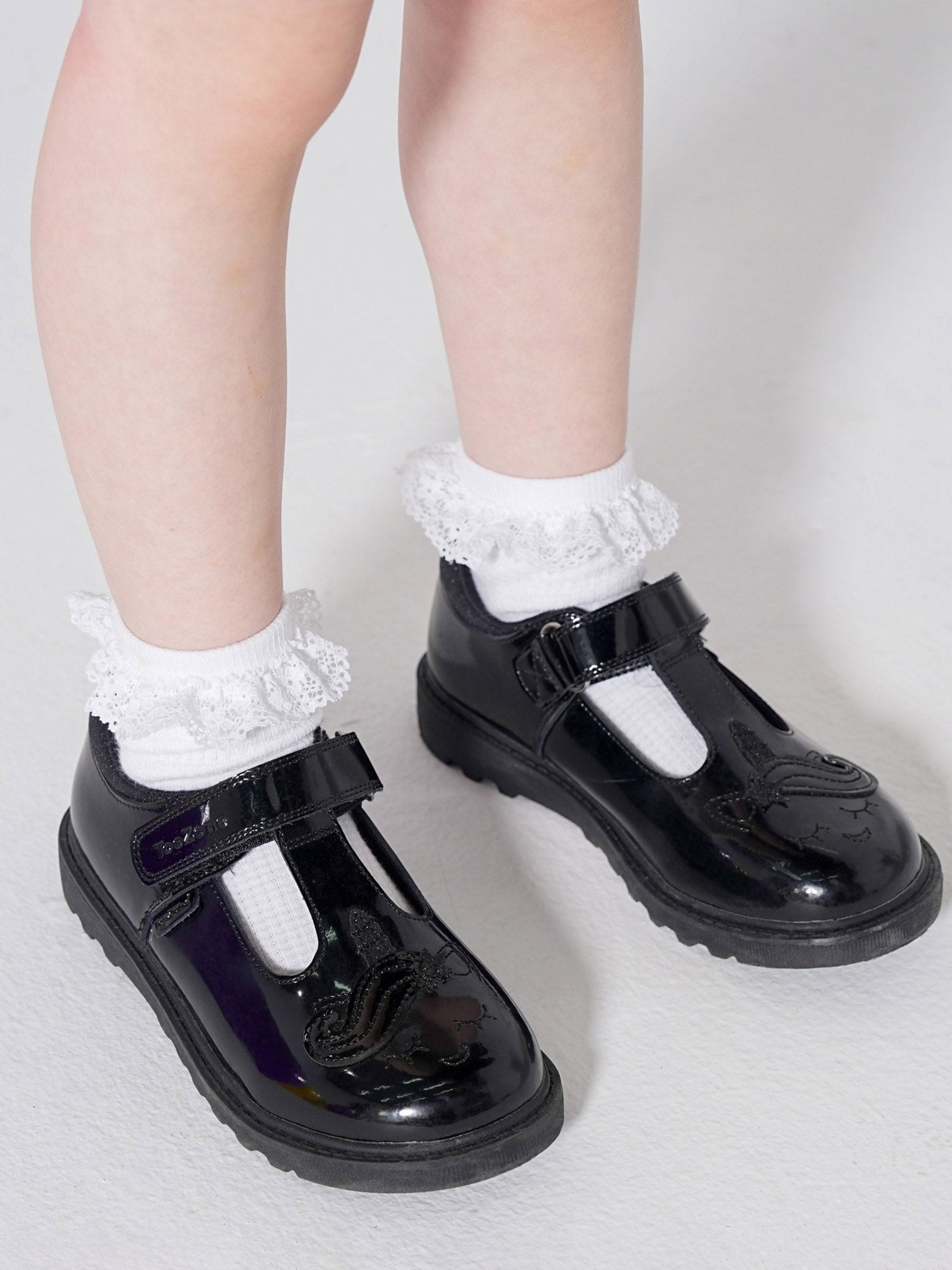 Toezone Black Matilda Patent Leather Unicorn Rip Tape School Shoes image 1