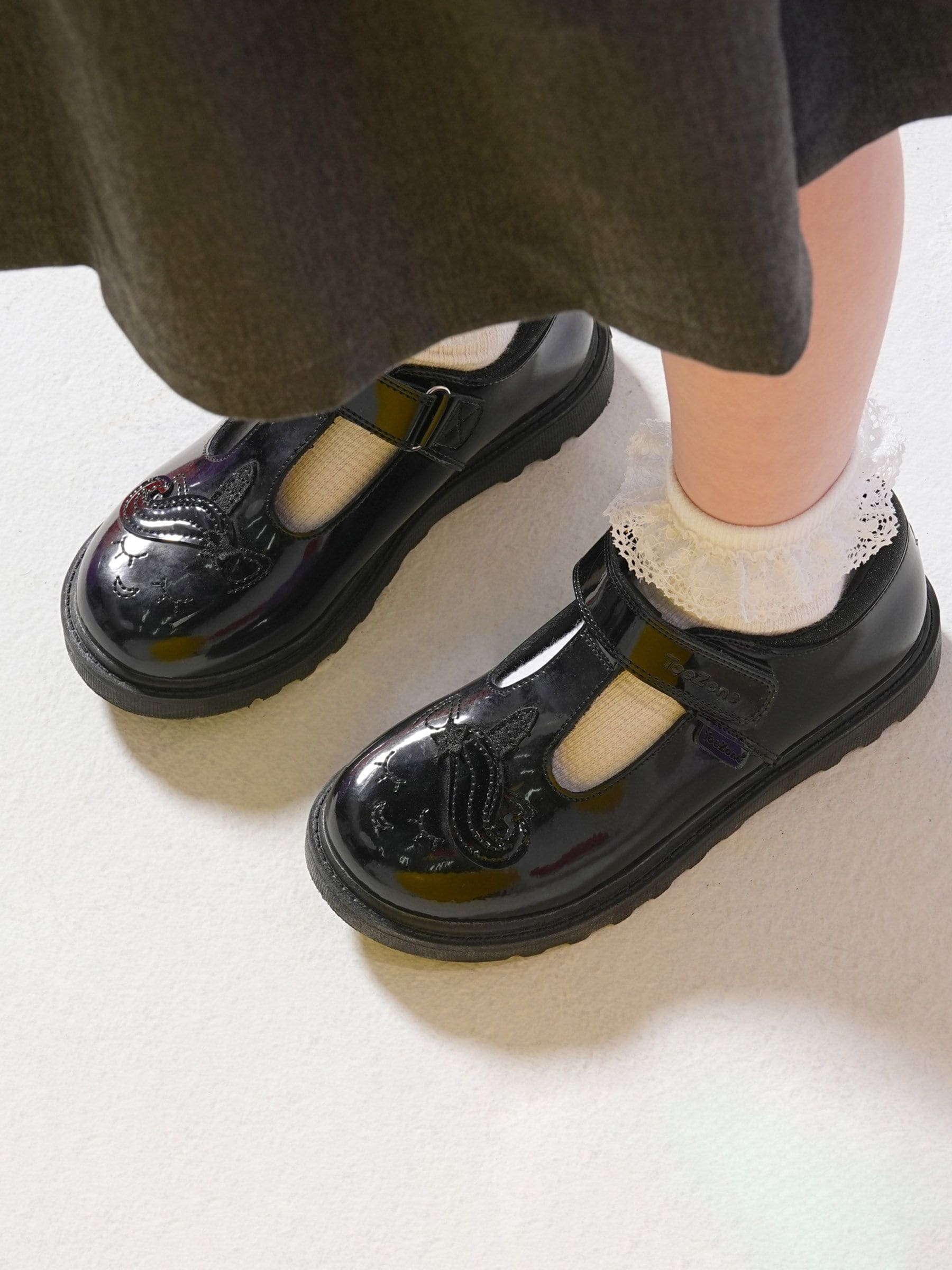 Toezone Black Matilda Patent Leather Unicorn Rip Tape School Shoes image 4