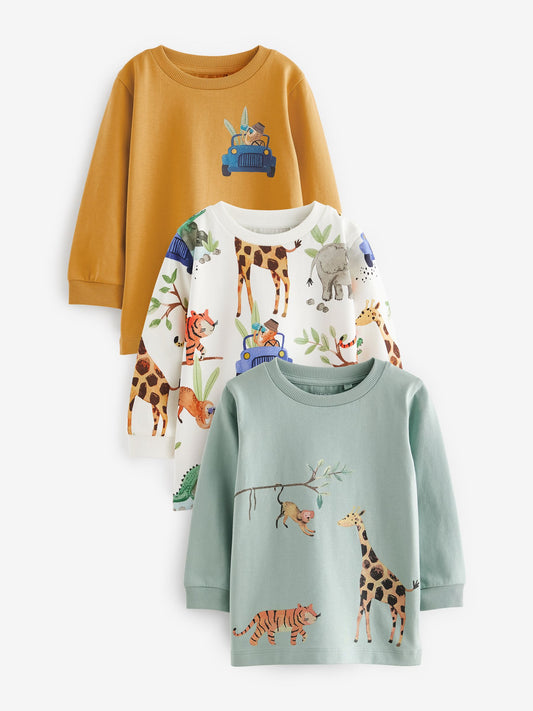 Blue/Yellow Safari Long Sleeve Animal Print Character T-Shirts 3 Pack (3mths-7yrs) image 1