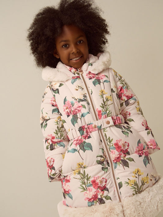 Monsoon Cream Botanical Print Faux Fur Hood Coat - image 1