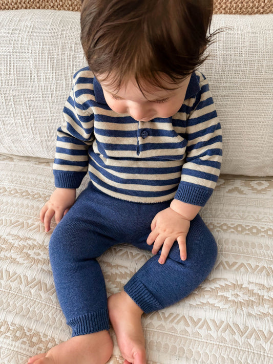Purebaby Blue Striped Knit Set Polo Jumper & Leggings Set - image 1