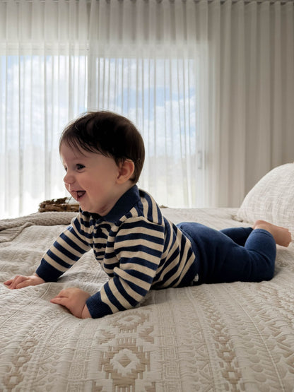 Purebaby Blue Striped Knit Set Polo Jumper & Leggings Set - image 2