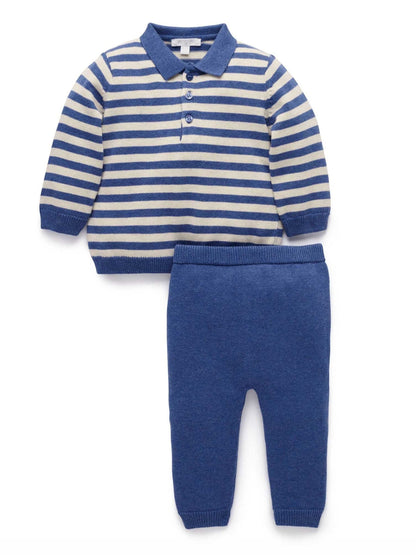 Purebaby Blue Striped Knit Set Polo Jumper & Leggings Set - image 3