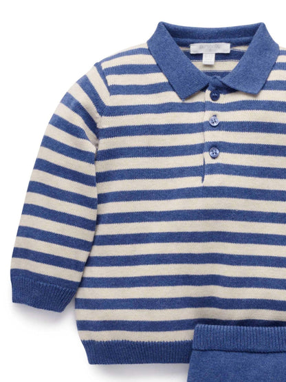 Purebaby Blue Striped Knit Set Polo Jumper & Leggings Set - image 6