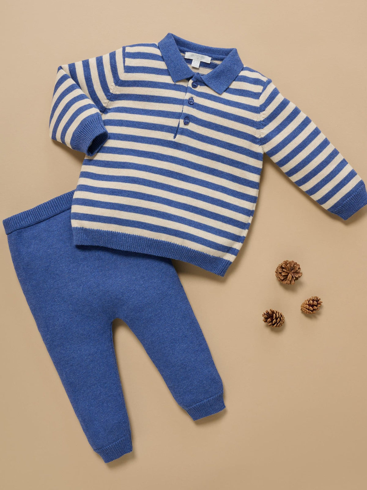 Purebaby Blue Striped Knit Set Polo Jumper & Leggings Set - image 7