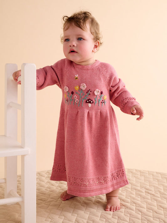 Purebaby Pink Cosy Knitted Floral Embroidery Longsleeve Dress - image 1